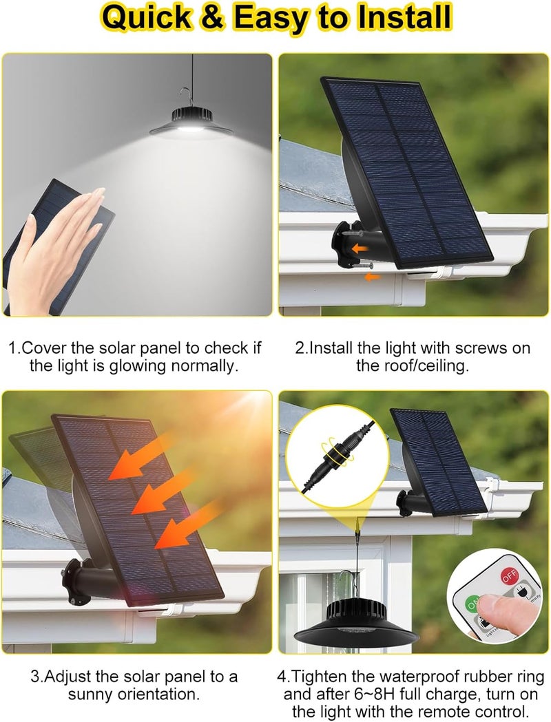 T-SUN Solar Pendant Light Outdoor, 2 Pack Solar Shed Lights Indoor with Remote Control, IP65 Waterproof Shop Light, 3000K/4000K/6000K, Perfect for Barn Chicken Coop Garage Courtyard Balcony - Image 4